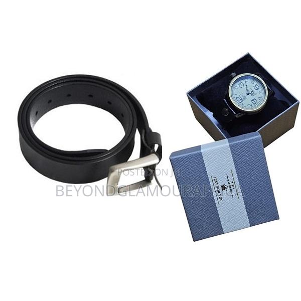 Men's Black Casual Leather Belt and Matching Black Vintage Watch Combo