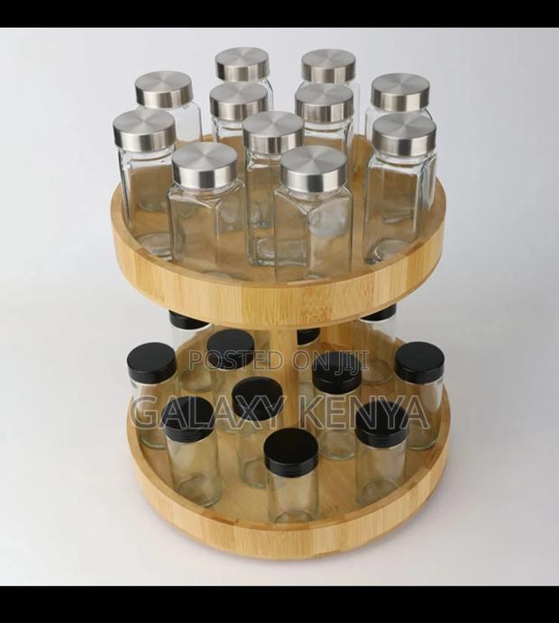 New Bamboo Double Layer Rotating Kitchen Seasoning Storage Rack Wood.