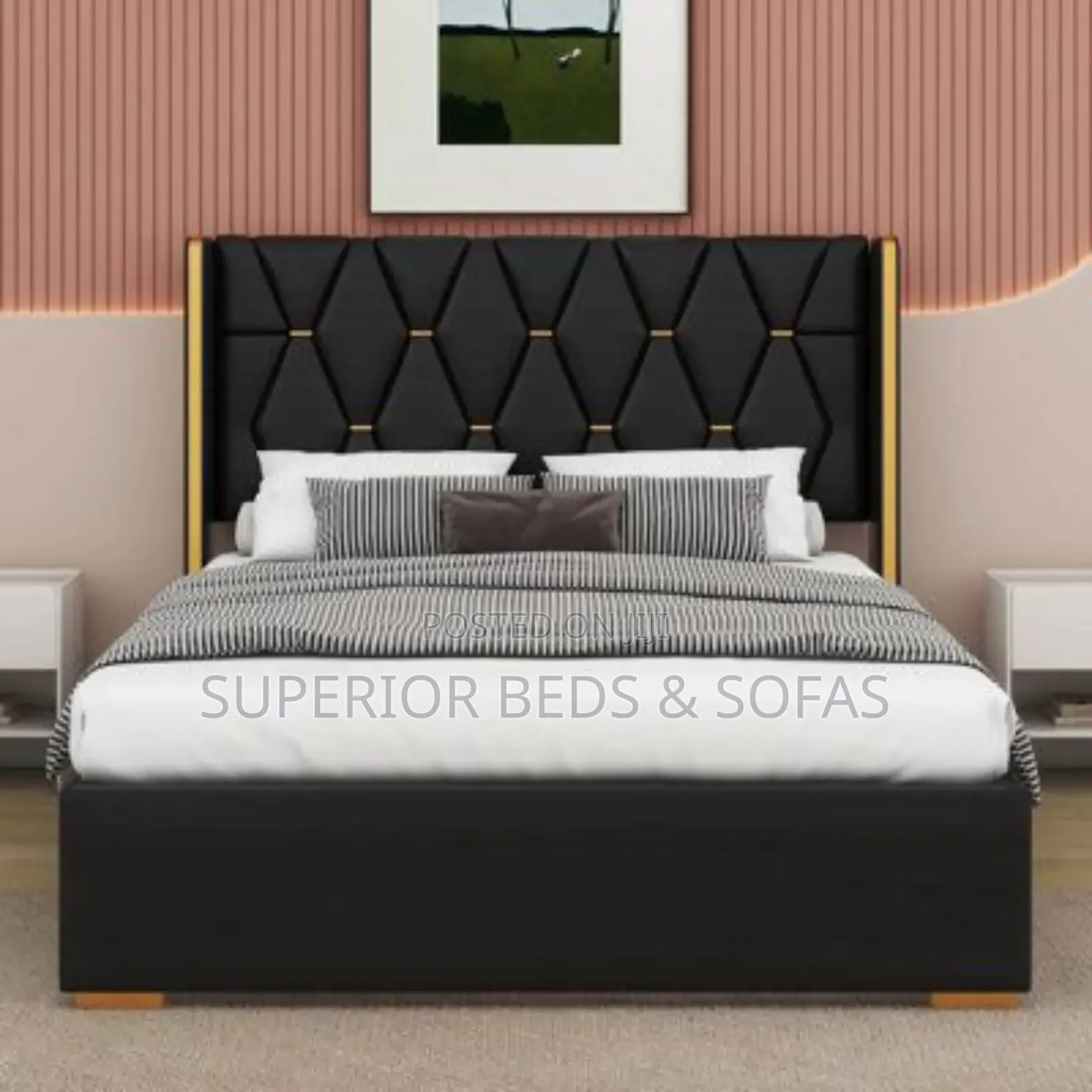 Black Geometric Panel Bed