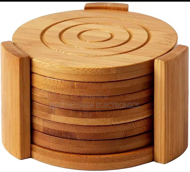 6pcs Round Bamboo Coaster Set - thumbnail 2