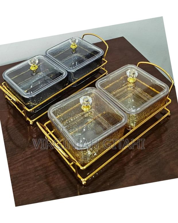 2in1 Heavy Glass Golden Sugar Dish Set in a Golden Frame