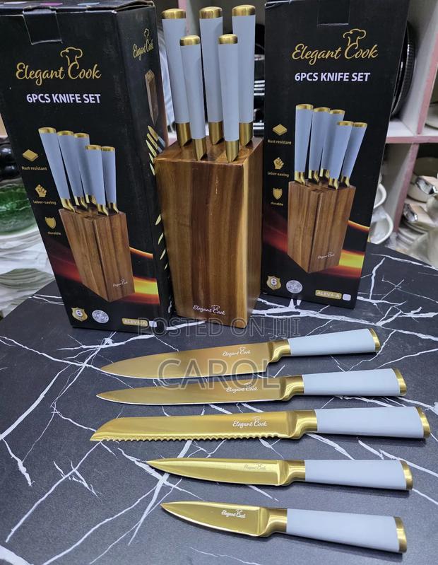 6pcs Premium Quality Golden Kitchen Knife Set With Wood Block