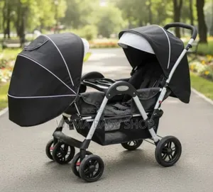 Tandem Twin Baby Stroller or Pushchair in Gray.