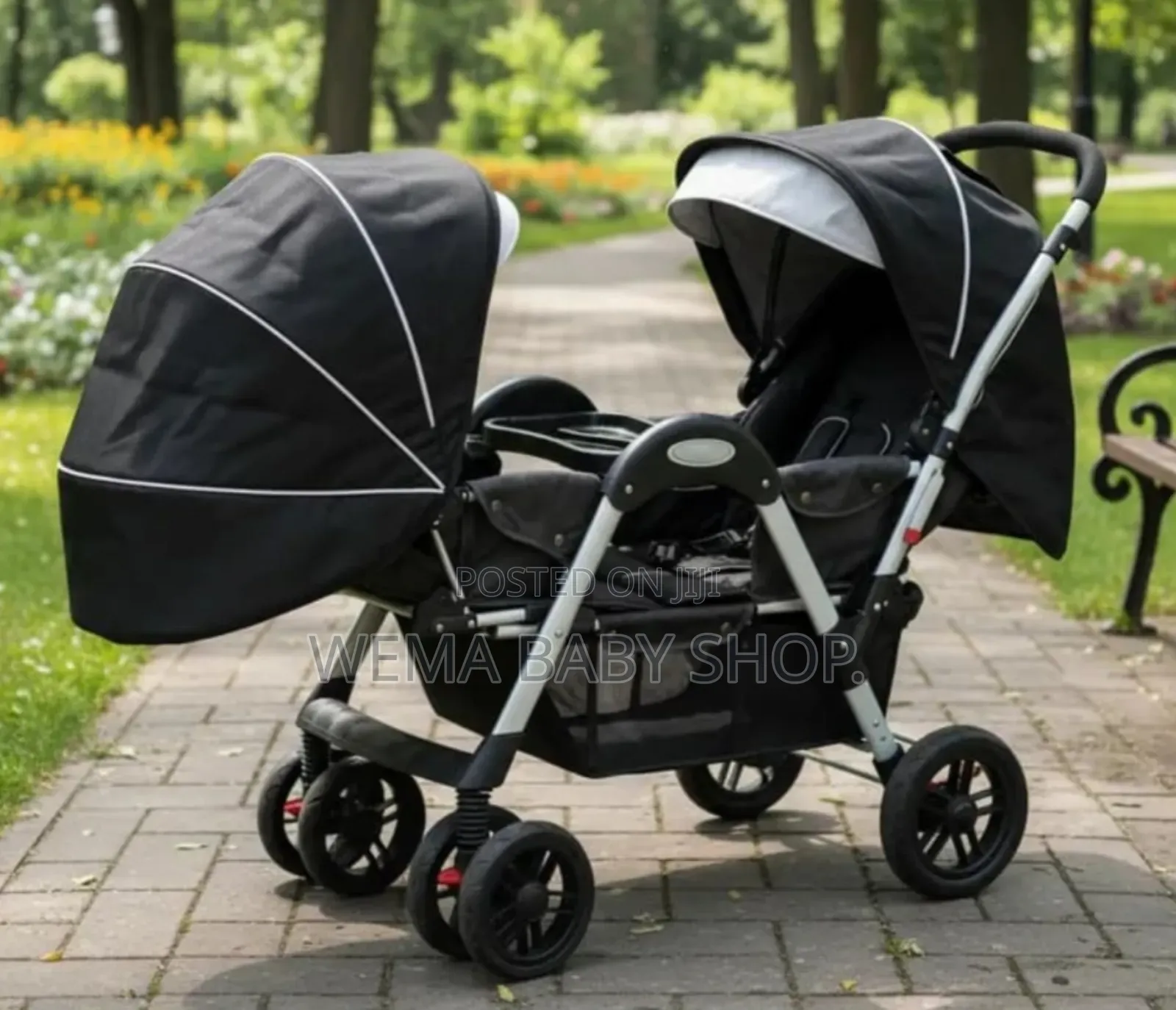 Tandem Twin Baby Stroller or Pushchair in Gray.