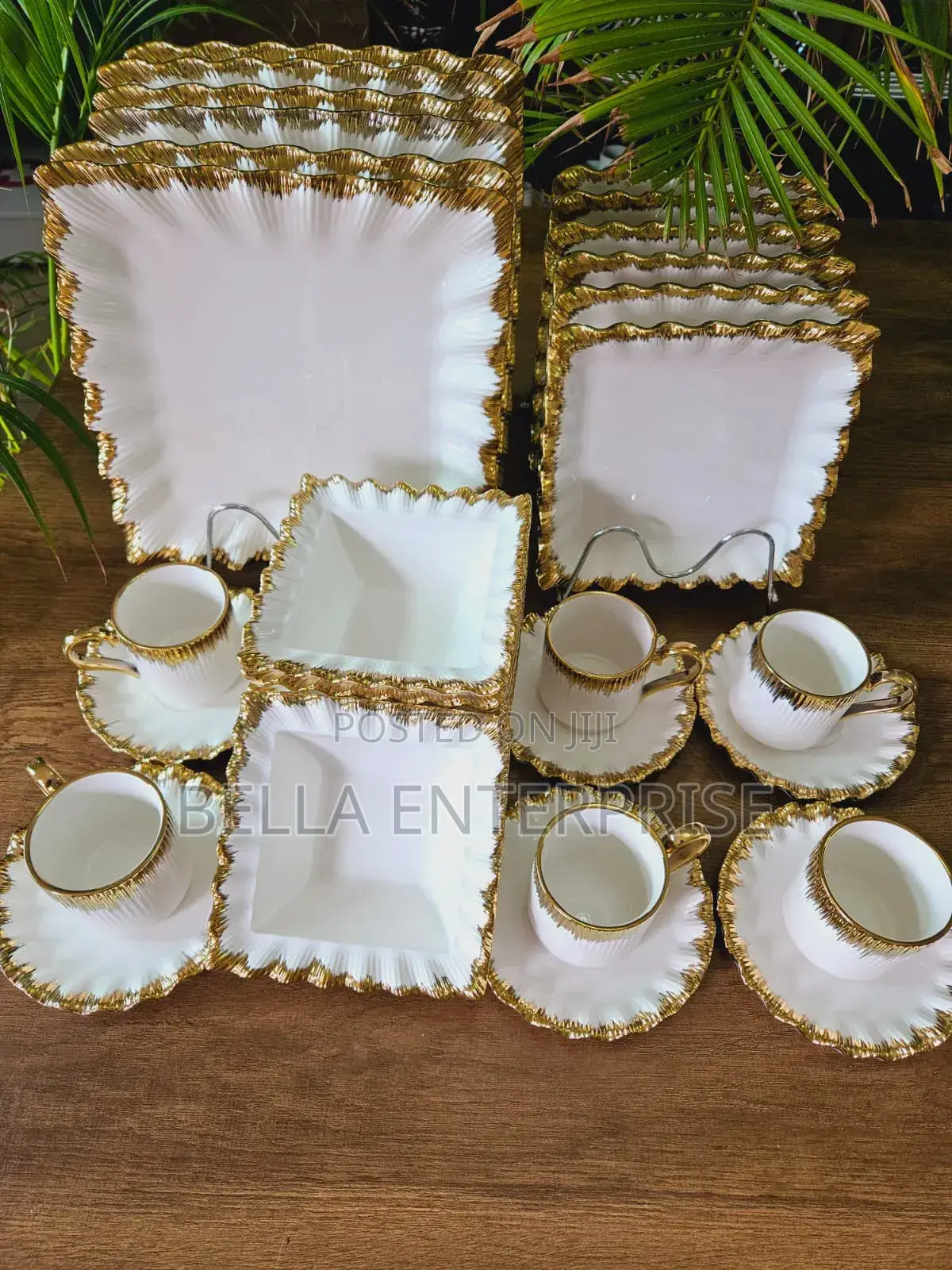 *30pcs Ceramic Squared Dinner Set With Gold Rim Now Available:-