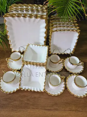 *30pcs Ceramic Squared Dinner Set With Gold Rim Now Available:-