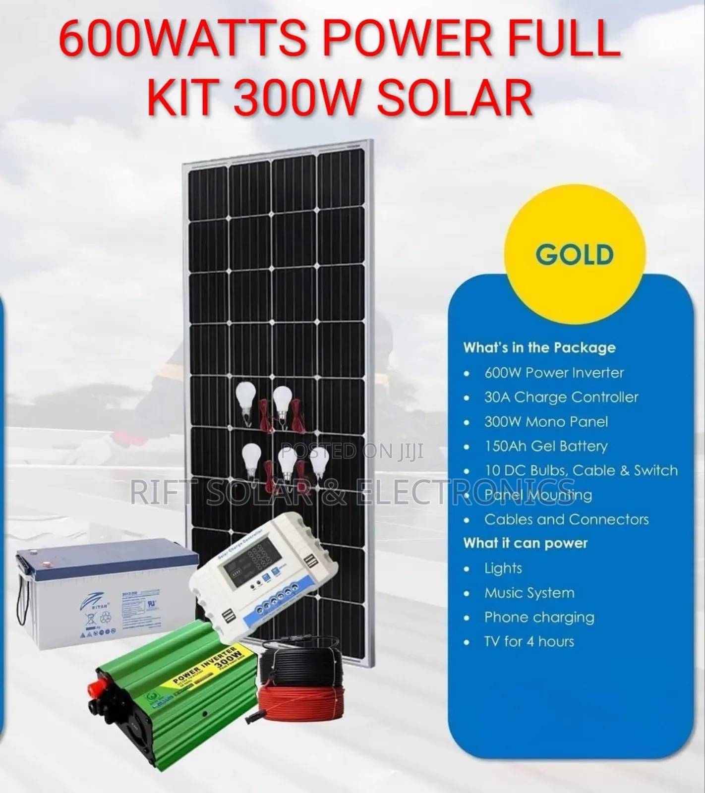 600w Power System - 300w Solar Panel - 150ah Battery - 30a Controller