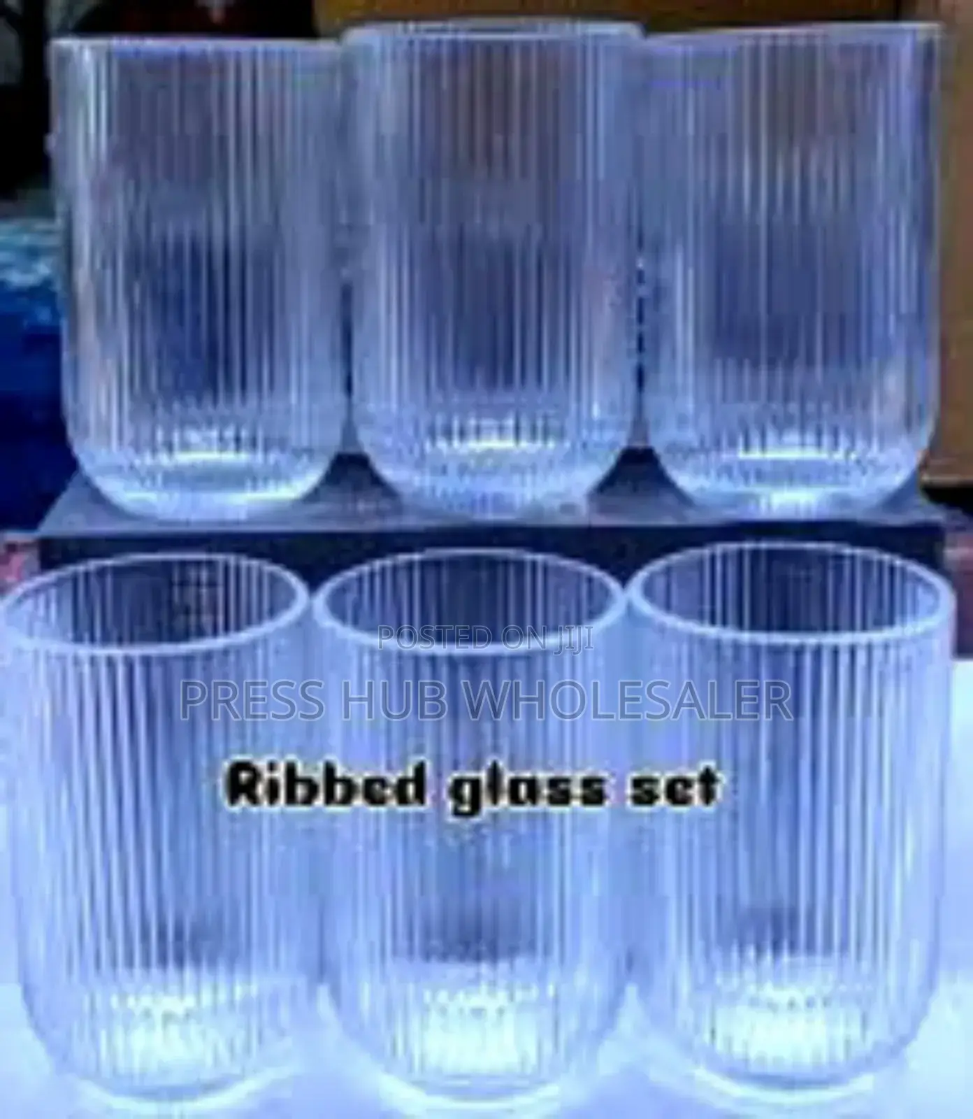 Set of 6 Ribbed or Fluted Glass Tumblers," 