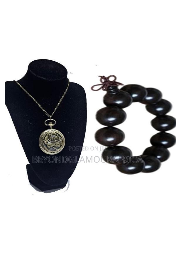 Unisex Rose Vintage Pocket Watch and Black Wooden Bracelet Combo