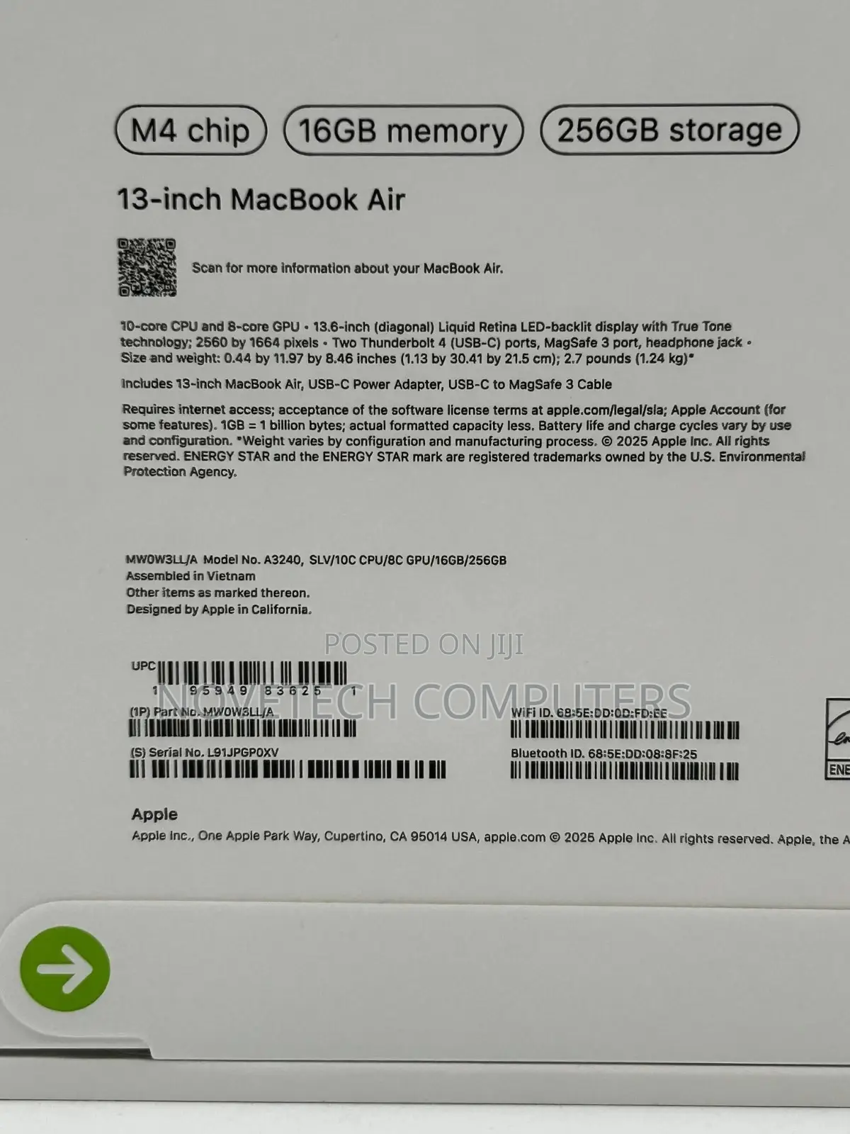 New Laptop Apple MacBook Air 2025 M4 13-inch 16GB Apple M4 SSD 256GB
