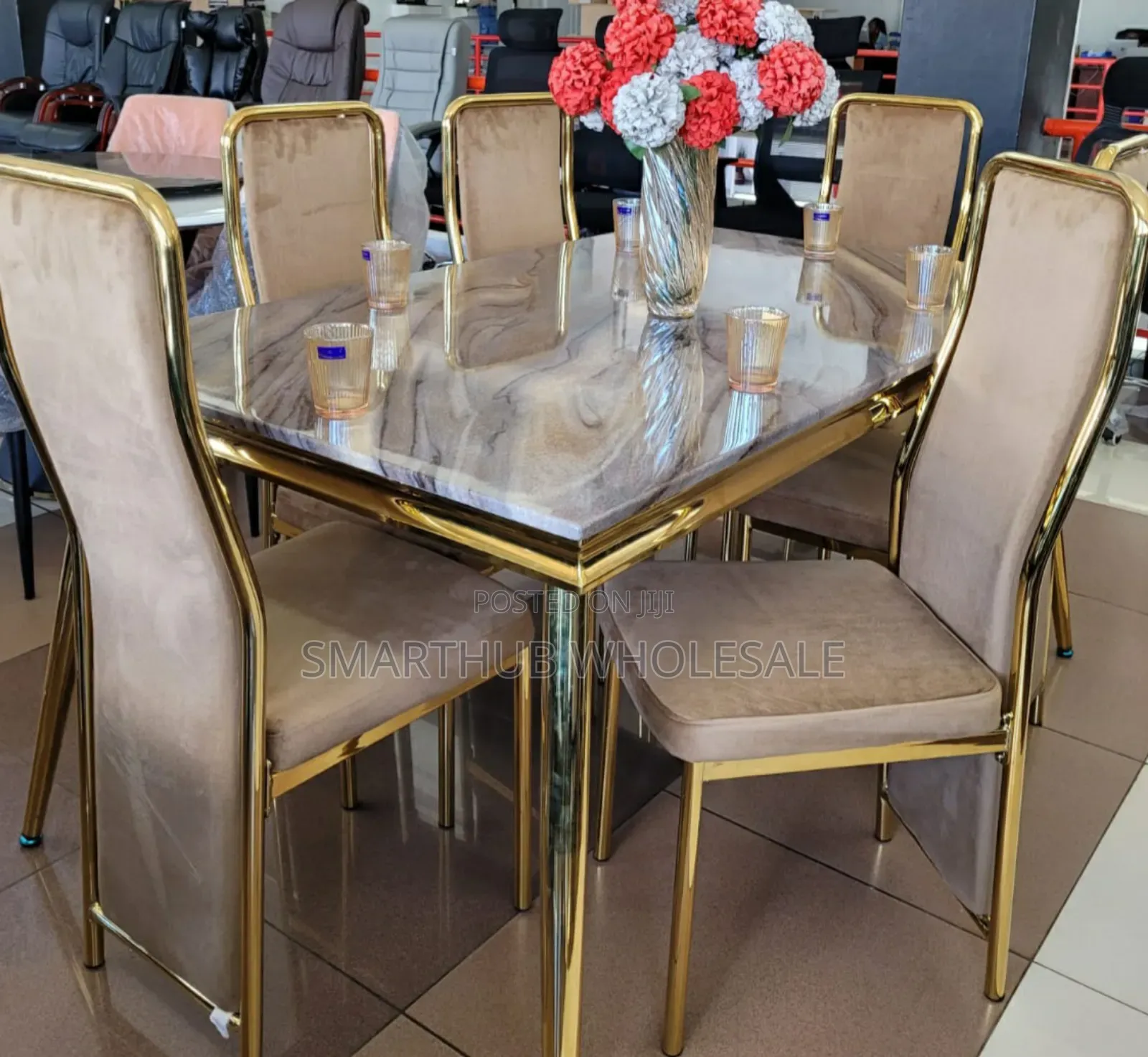 Modern Executive 6 Sitter Marble Dinning Table With Gold Lining