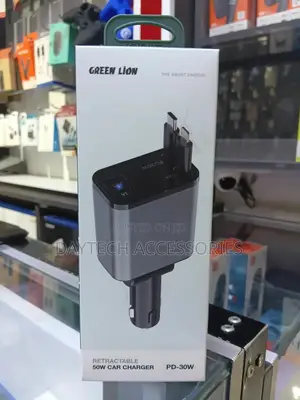 Green Lion Retractable 50w Car Charger With Type-C Lightning Cable.