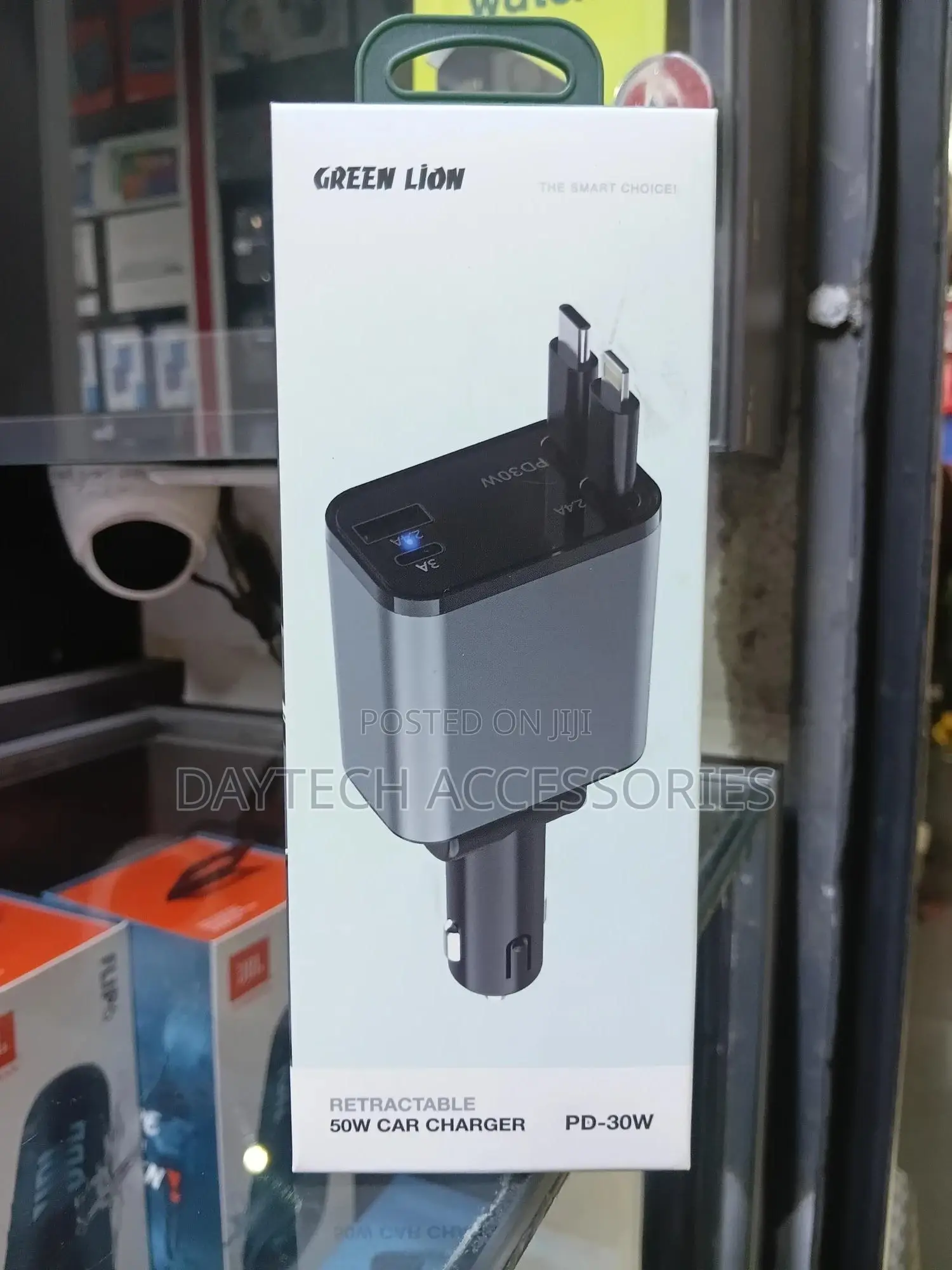 Green Lion Retractable 50w Car Charger With Type-C Lightning Cable.