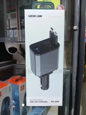 Green Lion Retractable 50w Car Charger With Type-C Lightning Cable.
