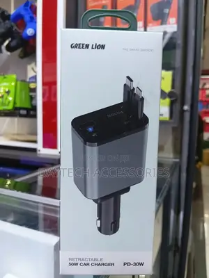 Green Lion Retractable 50w Car Charger With Type-C Lightning Cable.