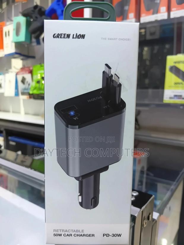 Green Lion Retractable Type-C Lightning 50w Car Charger- Black
