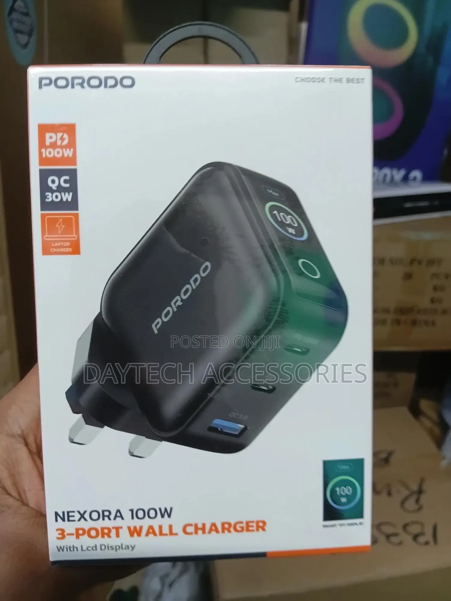 The Porodo Nexora 100w 3-Port Wall Charger With an LCD Display.