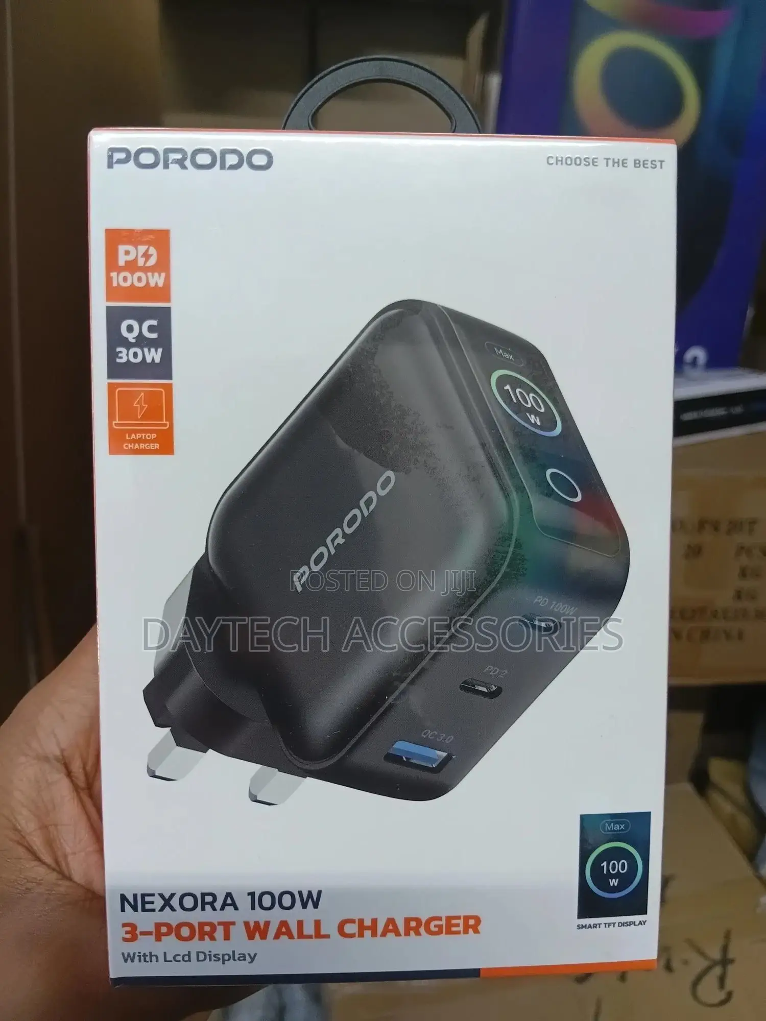 The Porodo Nexora 100w 3-Port Wall Charger With an LCD Display.