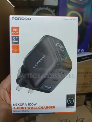The Porodo Nexora 100w 3-Port Wall Charger With an LCD Display.
