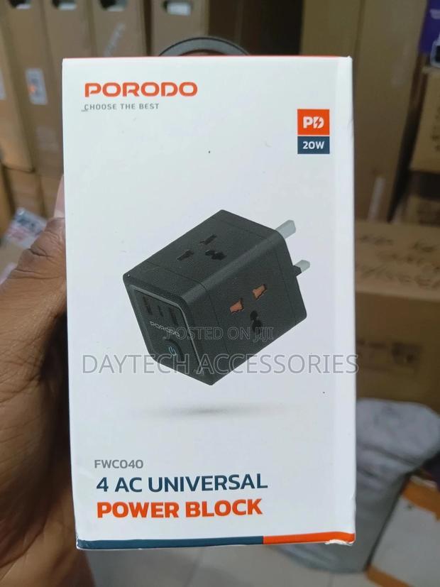 Porodo 4-Ac Universal Power Block Adapter With Usb-C Dual Usb-a Port