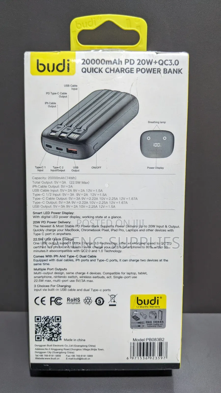 Budi 22.5w Pd 20w+Qc3.0 Power Bank