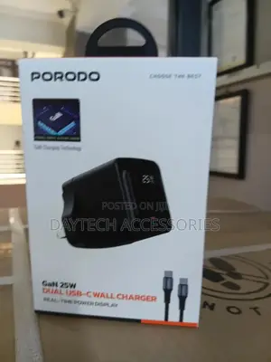 Porodo Gan Wall Charger With Dual Usb-C Ports 25w Power Delivery,