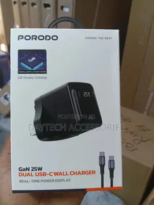 Porodo Gan Wall Charger With Dual Usb-C Ports 25w Power Delivery,