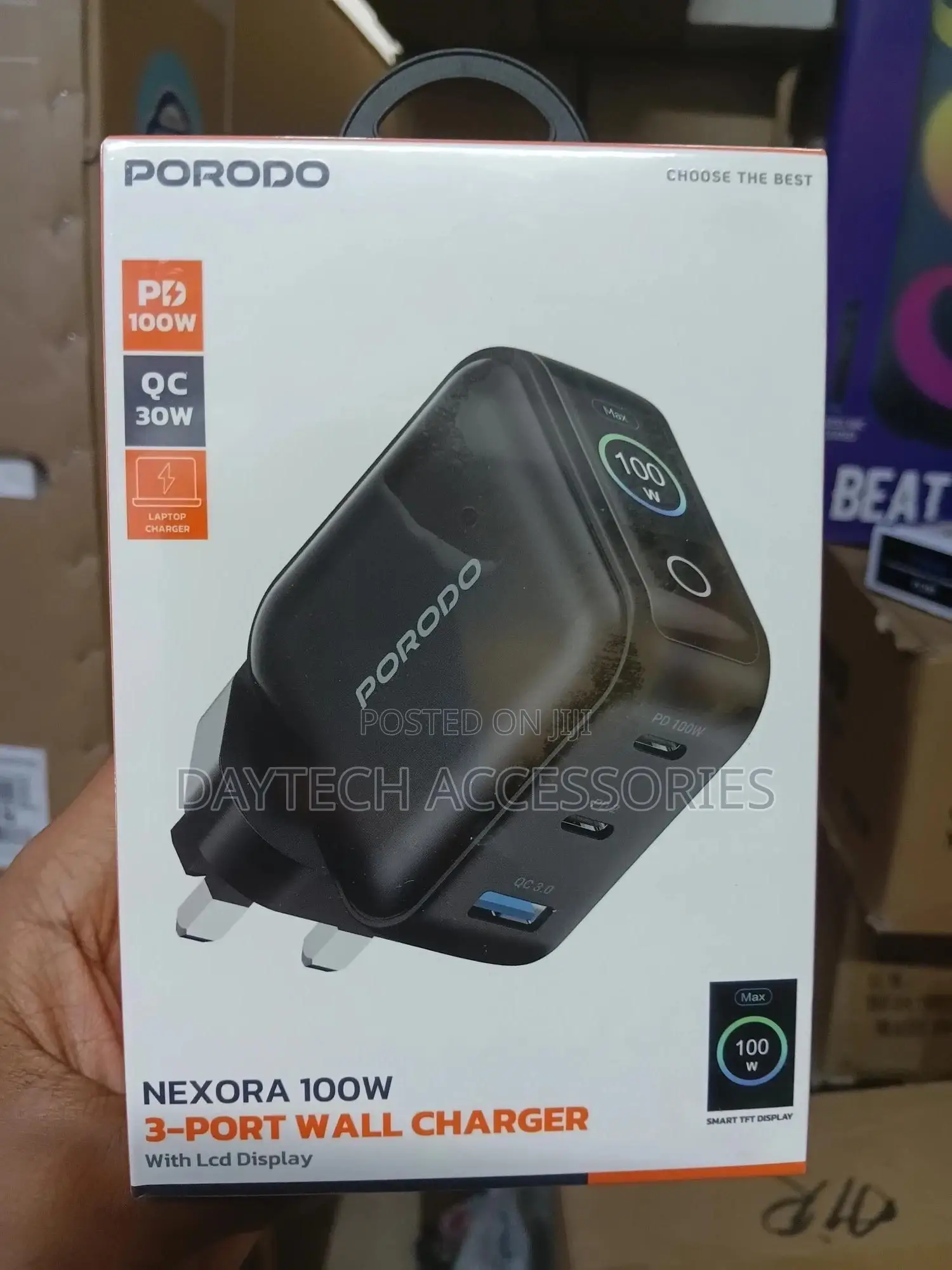 The Porodo Nexora 100w 3-Port Wall Charger With an LCD Display.