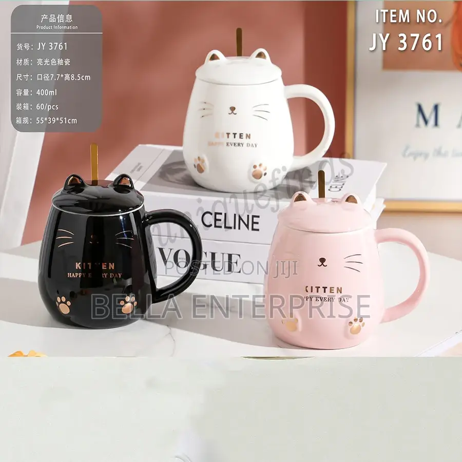 Cute Kitty Ceramic Coffee Mugs With Stainless Steel Spoon Each at 600