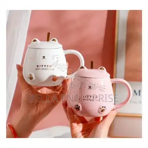 Cute Kitty Ceramic Coffee Mugs With Stainless Steel Spoon Each at 600