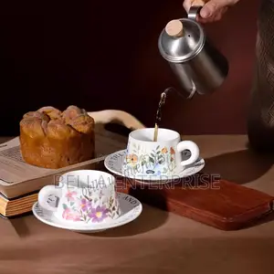 Floral Ceramic Coffee Cup Set Elegant White Orange Design for or Tea