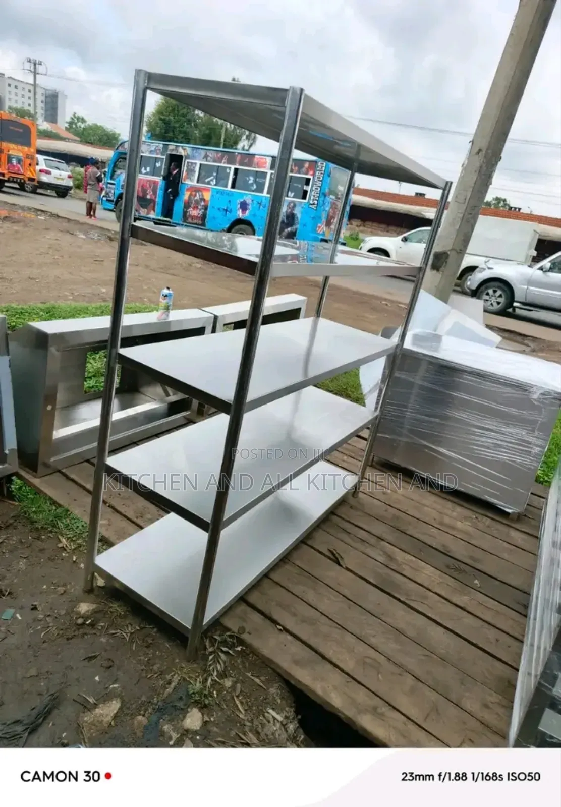 Stainless Steel Three Tier Table With Two Overhead Shelves