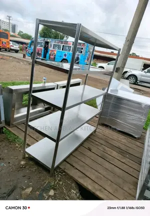 Stainless Steel Three Tier Table With Two Overhead Shelves
