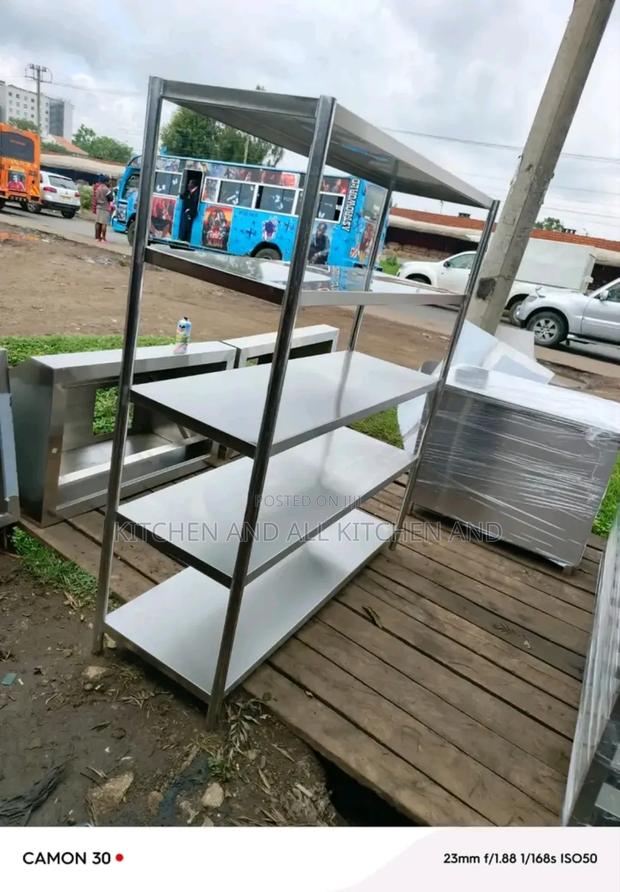 Stainless Steel Three Tier Table With Two Overhead Shelves