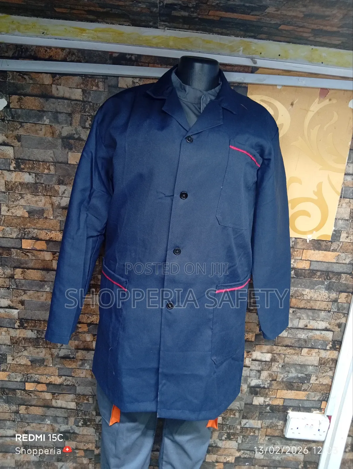Navy Blue Dustcoat With Red Pipping