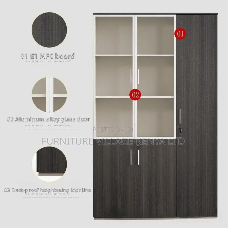 Office Cabinet; Modern Wooden Lockable 3-glass-door Office Cabinet