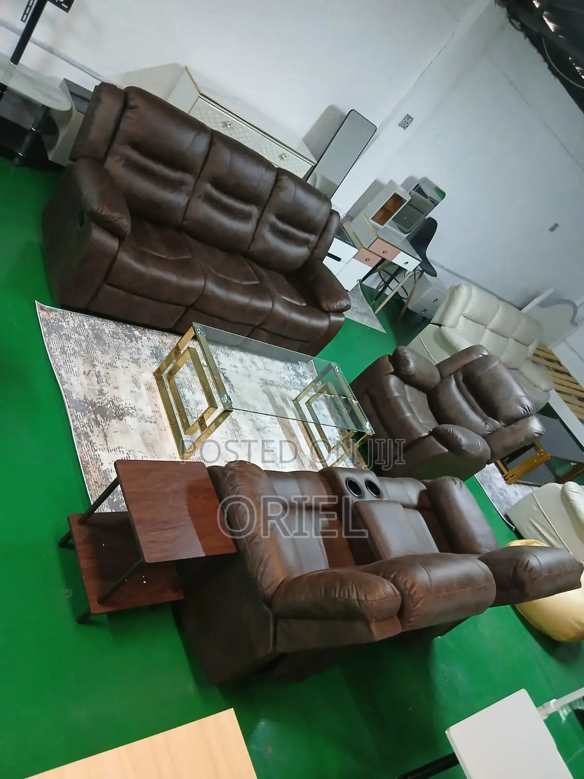 6-Seater Office Sofa Set : Brown Pu Leather Reclining Sofa