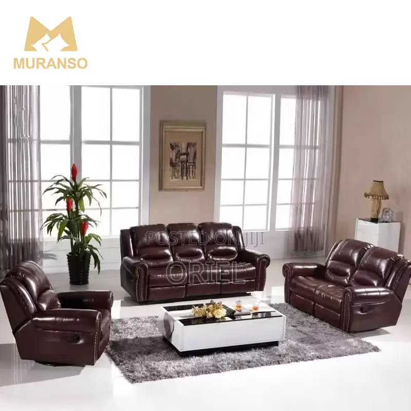 6-Seater Office Sofa Set : Brown Pu Leather Reclining Sofa