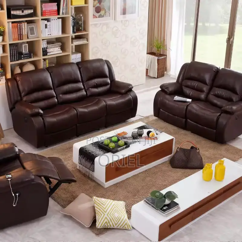 6-Seater Office Sofa Set : Brown Pu Leather Reclining Sofa