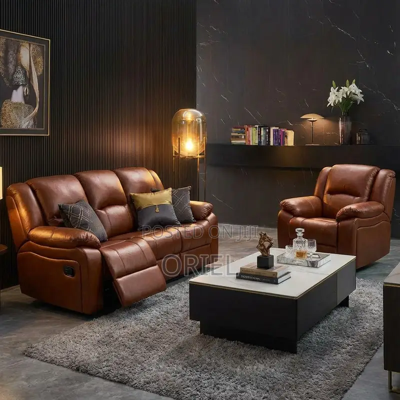 6-Seater Office Sofa Set : Brown Pu Leather Reclining Sofa