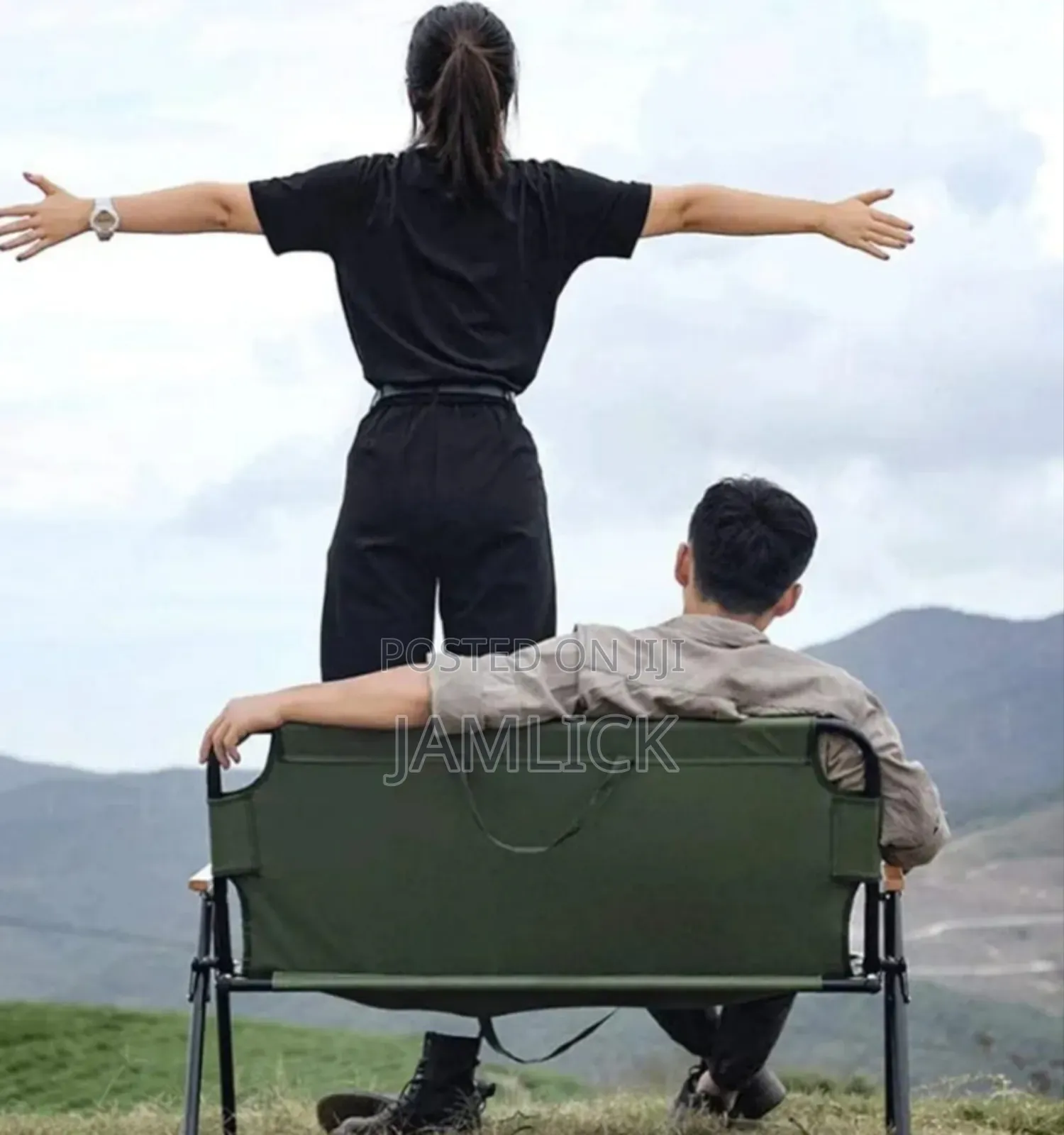 Portable 2-Person Camping Chair With Wood Armrest - Gn