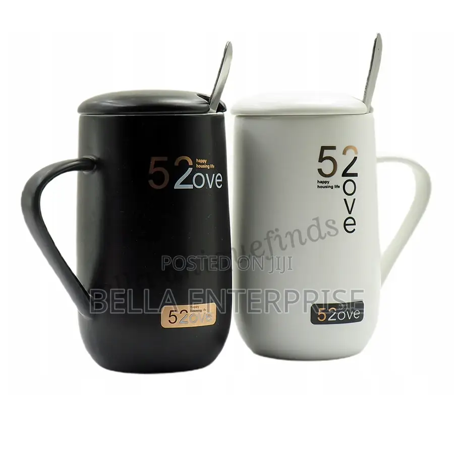 Set of Mugs With a Lid and a Spoon for a Young Couple and Two Parents