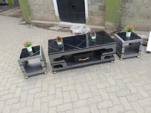 Smart Modern Coffee Table and It's 2 Stools Gray Marble Top Black - main view