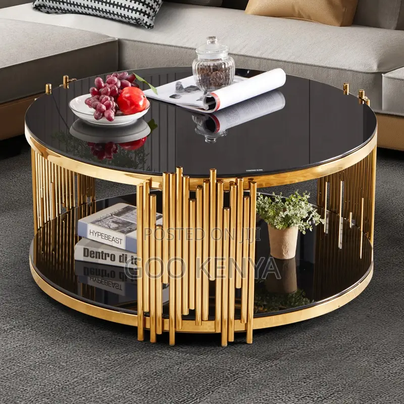 Home Table; Elegant Glass Top Coffee Table With Metallic Frame