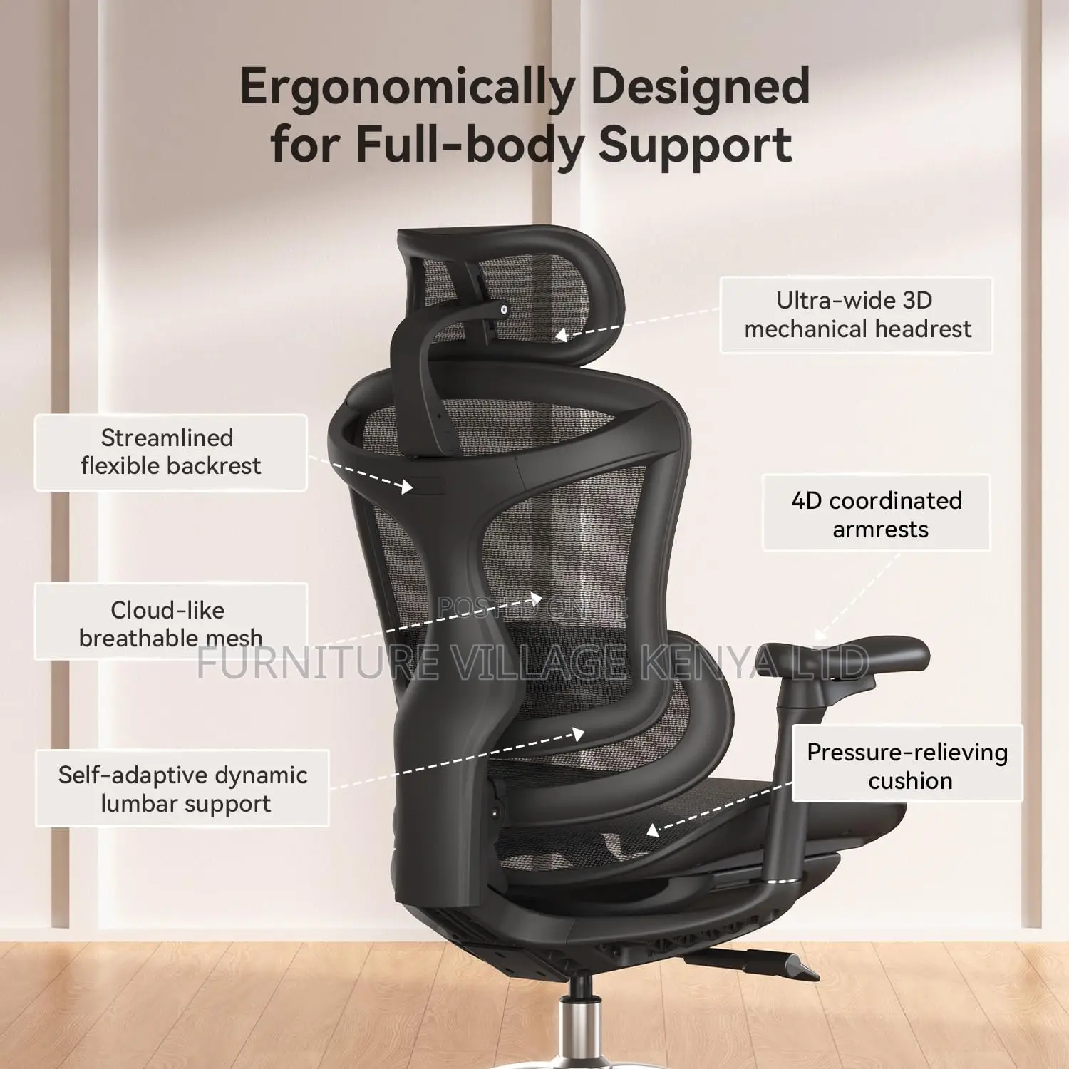 Ergonomic Office Chair With Soft 6d Armrests| Dynamic Lumbar Support