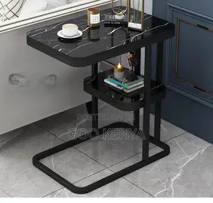 Home Table; Mdf Wood Side Table With Storage Shelf And Gold Leg Design