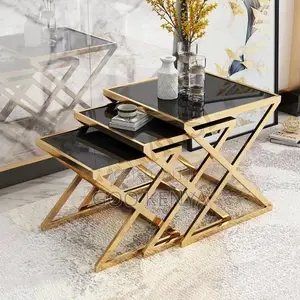 Home Table Set; 3-piece Square Nesting Table Set With Tempered Glass
