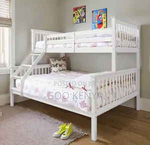 Home Bed; White Wooden Twin Bunk Bed With Double Sleeping Spaces