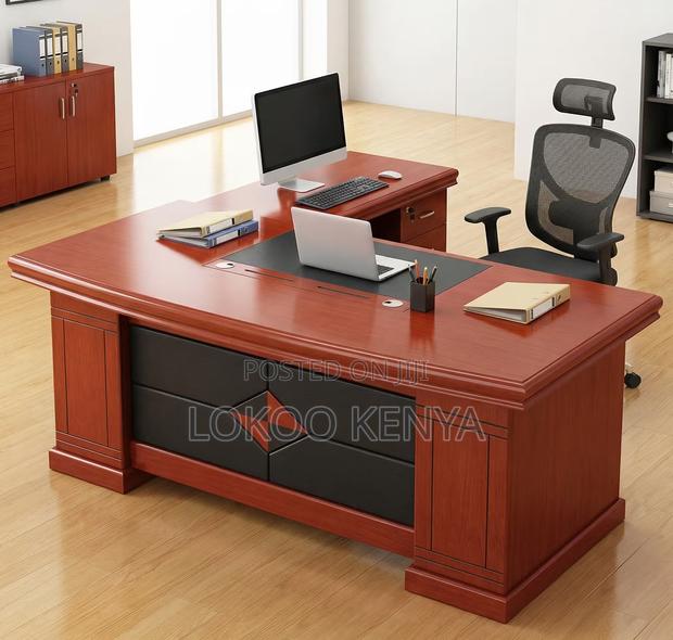 Office Desk; 1.8 M L Shaped Mahogany Office Desk-Pedestal