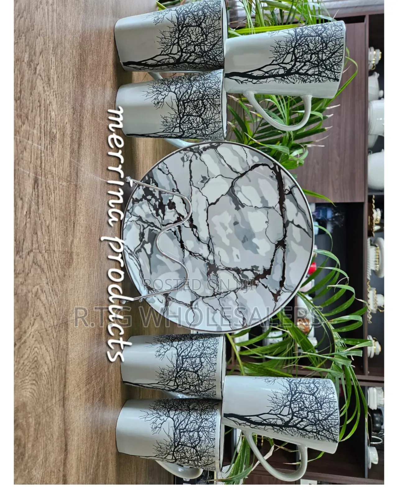 12 Pieces Set High Quality Tree 6 Mug Gray and Gray 6 Plate